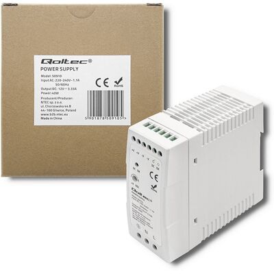 Qoltec Zasilacz Na Szynę Din 40W 12V 3.33A Biały Slim Qoltec Zasilacz Na Szynę Din 40W 12V 3.33A Biały Slim