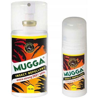 Repelent na komary i owady Mugga Strong Roll-On 50ml + Spray 75ml 50% DEET Repelent na komary i owady Mugga Strong Roll-On 50ml + Spray 75ml 50% DEET