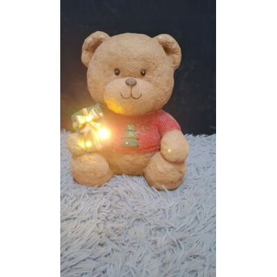 Dekorpap Figurka świąteczna LED Miś z prezentem – 28 cm, ceramiczna Dekorpap Figurka świąteczna LED Miś z prezentem – 28 cm, ceramiczna