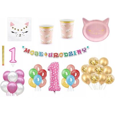 ImprezCzas Zestaw Kotek 1 Urodziny Balony Talerzyki Kubeczki Baner świeczka fontanna ImprezCzas Zestaw Kotek 1 Urodziny Balony Talerzyki Kubeczki Baner świeczka fontanna