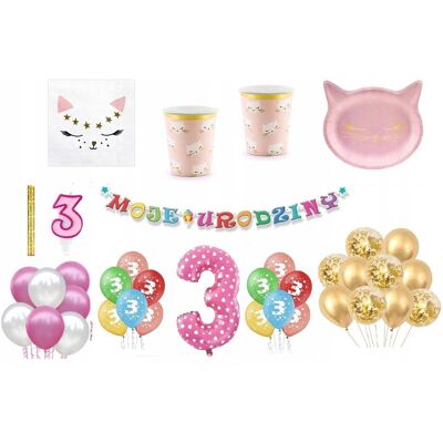 ImprezCzas Zestaw Kotek 3 Urodziny Balony Talerzyki Kubeczki Baner świeczka fontanna ImprezCzas Zestaw Kotek 3 Urodziny Balony Talerzyki Kubeczki Baner świeczka fontanna