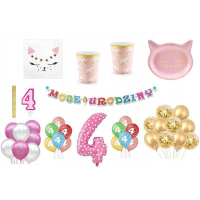 ImprezCzas Zestaw Kotek 4 Urodziny Balony Talerzyki Kubeczki Baner świeczka fontanna ImprezCzas Zestaw Kotek 4 Urodziny Balony Talerzyki Kubeczki Baner świeczka fontanna