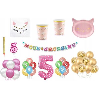 ImprezCzas Zestaw Kotek 5 Urodziny Balony Talerzyki Kubeczki Baner świeczka fontanna ImprezCzas Zestaw Kotek 5 Urodziny Balony Talerzyki Kubeczki Baner świeczka fontanna