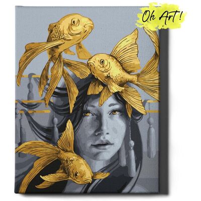 Malowanie Po Numerach ze złotą farbą z Ramą 40x50 cm Dziewczyna z rybkami – Obraz do Malowania po numerach z błyszczącą farbą Ludzie Oh Art! Malowanie Po Numerach ze złotą farbą z Ramą 40x50 cm Dziewczyna z rybkami – Obraz do Malowania po numerach z błyszczącą farbą Ludzie Oh Art!
