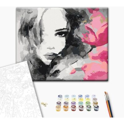ARTGEIST Obraz do samodzielnego malowania - Czarno-biały portret z różowym kwiatem ARTGEIST Obraz do samodzielnego malowania - Czarno-biały portret z różowym kwiatem