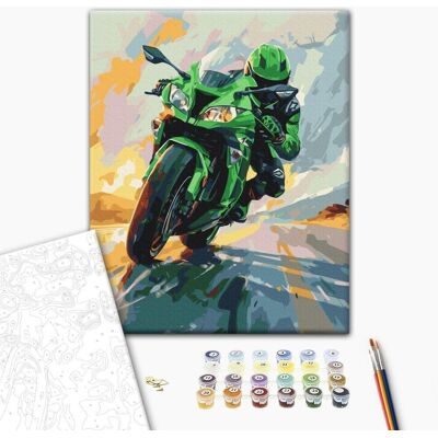 ARTGEIST Obraz do samodzielnego malowania - Zielony motocykl w pędzie ARTGEIST Obraz do samodzielnego malowania - Zielony motocykl w pędzie
