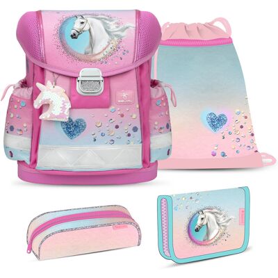 Ergonomiczny zestaw szkolny dla dziewczynek – Belmil Classy 'Dream hooves Pinky' (4-częściowy), lekki i wygodny Ergonomiczny zestaw szkolny dla dziewczynek – Belmil Classy 'Dream hooves Pinky' (4-częściowy), lekki i wygodny