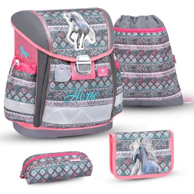 Ergonomiczny zestaw szkolny dla dziewczynek – Belmil Classy 'Horse Aruba Blue' (4-częściowy), lekki i wygodny Ergonomiczny zestaw szkolny dla dziewczynek – Belmil Classy 'Horse Aruba Blue' (4-częściowy), lekki i wygodny