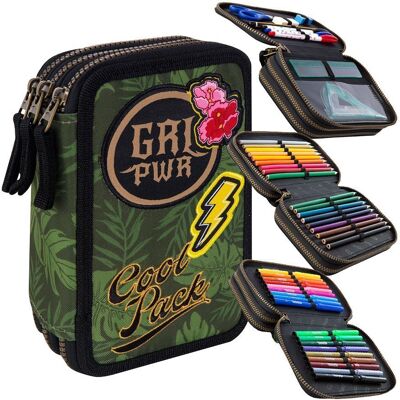 Piórnik Z Wyposażeniem Trzykomorowy Dla Dziewczynki, Coolpack, Liście, Zielony Piórnik Z Wyposażeniem Trzykomorowy Dla Dziewczynki, Coolpack, Liście, Zielony