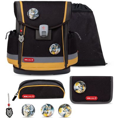 Zestaw tornistra szkolnego Belmil Classy Plus Wolves Sand, 4-częściowy Zestaw tornistra szkolnego Belmil Classy Plus Wolves Sand, 4-częściowy