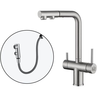 Bateria Kuchenna Trójdrożna Do Filtra Ze Stali Z Wyciąganą Wylewką Inox Nett Fws-33 Bateria Kuchenna Trójdrożna Do Filtra Ze Stali Z Wyciąganą Wylewką Inox Nett Fws-33