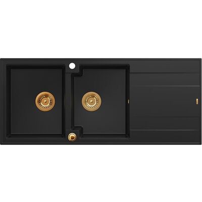 Unique EVAN 121 GraniteQ zlewozmywak z syfonem Push To Open 2-komorowy z/o (1160x500x210; kom. 420x340) pure carbon / elementy miedziane Unique EVAN 121 GraniteQ zlewozmywak z syfonem Push To Open 2-komorowy z/o (1160x500x210; kom. 420x340) pure carbon / elementy miedziane