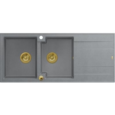 Unique EVAN 121 GraniteQ zlewozmywak z syfonem Push To Open 2-komorowy z/o (1160x500x210; kom. 420x340) silver stone / elementy złote Unique EVAN 121 GraniteQ zlewozmywak z syfonem Push To Open 2-komorowy z/o (1160x500x210; kom. 420x340) silver stone / elementy złote