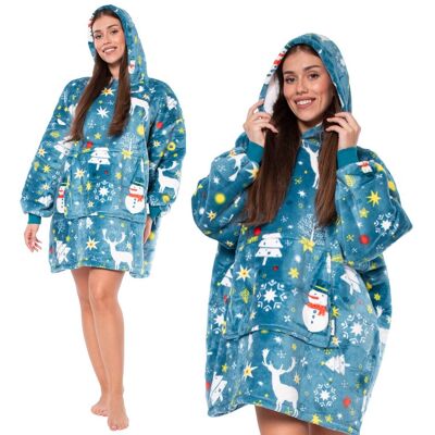 NIKCORP Bluza Koc Kocobluza 2w1 Oversize Kaptur Gruba Sherpa Niebieska Bałwany NIKCORP Bluza Koc Kocobluza 2w1 Oversize Kaptur Gruba Sherpa Niebieska Bałwany
