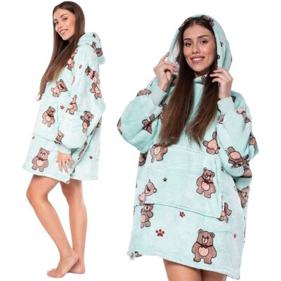 NIKCORP Bluza Koc Kocobluza 2w1 Oversize Kaptur Gruba Sherpa Niebieska w Misie NIKCORP Bluza Koc Kocobluza 2w1 Oversize Kaptur Gruba Sherpa Niebieska w Misie