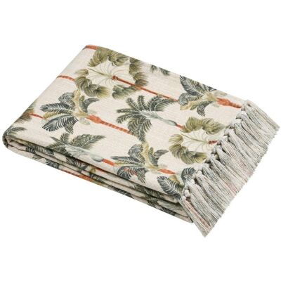 STOF Koc CASABLANCA z motywem palm 125x150 cm zielono-beżowy bawełniany z frędzlami STOF Koc CASABLANCA z motywem palm 125x150 cm zielono-beżowy bawełniany z frędzlami