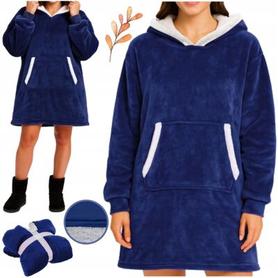 Ruhhy Kocobluza Oversize z Kapturem XXL Gruby Koc Bluza Długa Futrzana Granatowa Ruhhy Kocobluza Oversize z Kapturem XXL Gruby Koc Bluza Długa Futrzana Granatowa