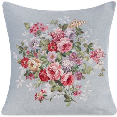 Eurofirany Poszewka na poduszkę 45x45 cm gobelinowa popielato, różowa zdobiona tkanym motywem kwiatowym GOB Eurofirany Poszewka na poduszkę 45x45 cm gobelinowa popielato, różowa zdobiona tkanym motywem kwiatowym GOB