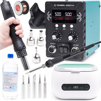 Stacja lutownicza 2w1 TECHREBAL 8586 + Myjka PS-06A + 5 grotów + alkohol + drut miedziany Stacja lutownicza 2w1 TECHREBAL 8586 + Myjka PS-06A + 5 grotów + alkohol + drut miedziany