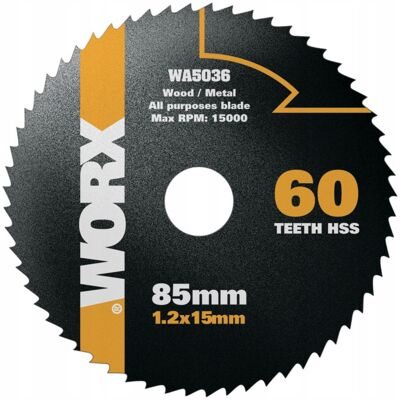 TARCZA DO CIĘCIA METALU DREWNA STAL HSS 1,2MM 85MM 60T WORX WA5036 TARCZA DO CIĘCIA METALU DREWNA STAL HSS 1,2MM 85MM 60T WORX WA5036