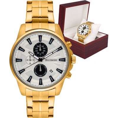 Zegarek męski bransoleta datownik chronograf kwarcowy złoty Beltimore Zegarek męski bransoleta datownik chronograf kwarcowy złoty Beltimore