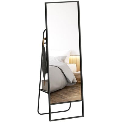 Lustro stojące prostokątne HOMCOM 157 x 50 cm z półką, 2 haczykami i metalową ramą, duże lustro, lustro do sypialni, salonu, przedpokoju, czarne Lustro stojące prostokątne HOMCOM 157 x 50 cm z półką, 2 haczykami i metalową ramą, duże lustro, lustro do sypialni, salonu, przedpokoju, czarne