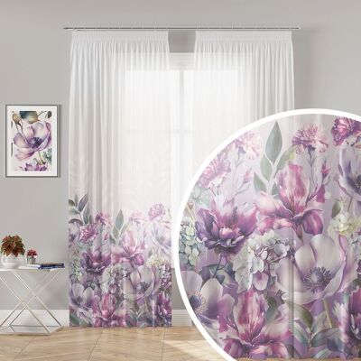 Markizeta Firana gotowa z woalu na taśmie, fioletowe kwiaty, rozmiar 140x250 cm, Wera Markizeta Firana gotowa z woalu na taśmie, fioletowe kwiaty, rozmiar 140x250 cm, Wera