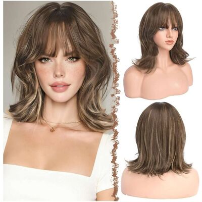 Inny producent Peruka damska bob z grzywką brązowy blond 35 cm warstwowe falowane Inny producent Peruka damska bob z grzywką brązowy blond 35 cm warstwowe falowane