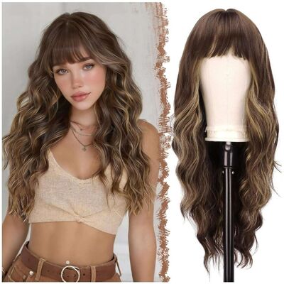 Inny producent Peruka damska Długie włosy 65 cm Brązowe z Grzywką Pasemka Blond Inny producent Peruka damska Długie włosy 65 cm Brązowe z Grzywką Pasemka Blond