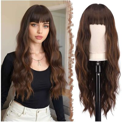 Inny producent Peruka damska Długie włosy 65 cm Falowane Brązowy mieszany z Grzywką Inny producent Peruka damska Długie włosy 65 cm Falowane Brązowy mieszany z Grzywką