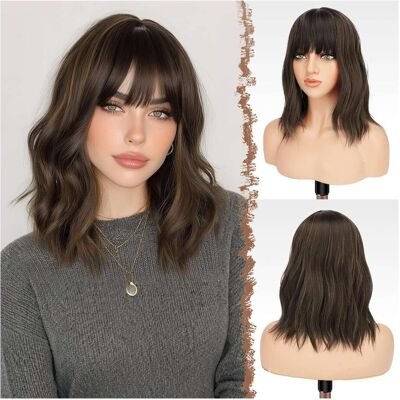Inny producent Peruka damska krótkie włosy brązowa 35cm bob z pasemkami długość ramion Inny producent Peruka damska krótkie włosy brązowa 35cm bob z pasemkami długość ramion