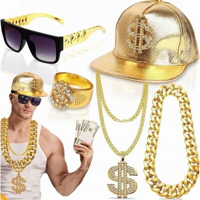 Inny producent Przebranie Raper Gangster Hip Hop Dolar Okulary Złoty Łańcuch Pierścień 5w1 Inny producent Przebranie Raper Gangster Hip Hop Dolar Okulary Złoty Łańcuch Pierścień 5w1