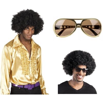 PartyTino Zestaw Disco Koszula Złota XXL Peruka Afro Czarna Okulary Złote 3el MK346 PartyTino Zestaw Disco Koszula Złota XXL Peruka Afro Czarna Okulary Złote 3el MK346