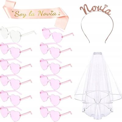 Inny producent Zestaw Szarfa Różowa Tiara Rose Gold Welon Okulary W Kształcie Serca Inny producent Zestaw Szarfa Różowa Tiara Rose Gold Welon Okulary W Kształcie Serca