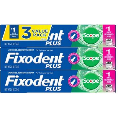 Klej do protez zębowych mocujący mocny fresh Scope Plus Fixodent 3-pak 57 g Klej do protez zębowych mocujący mocny fresh Scope Plus Fixodent 3-pak 57 g