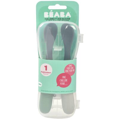 Beaba Zestaw 2 Łyżeczek Silikonowych W Podróżnym Etui 4 M+ Mineral Grey/sage Green Beaba Zestaw 2 Łyżeczek Silikonowych W Podróżnym Etui 4 M+ Mineral Grey/sage Green
