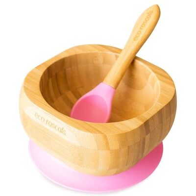 ECO Rascals, Miseczka Bambusowa Z Przyssawką I Łyżeczką, Różowy ECO Rascals, Miseczka Bambusowa Z Przyssawką I Łyżeczką, Różowy