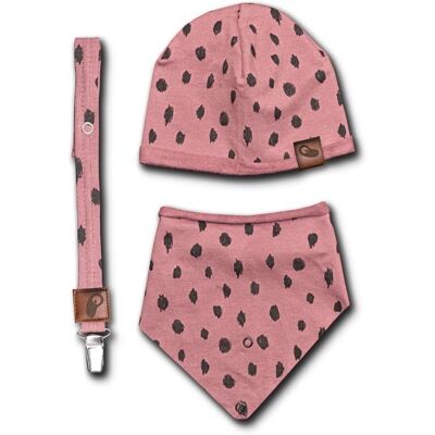 Hi Little One - czapeczka, bandanka i zawieszka do smoczka z organicznej bawełny GOTS Leopard Blush Hi Little One - czapeczka, bandanka i zawieszka do smoczka z organicznej bawełny GOTS Leopard Blush