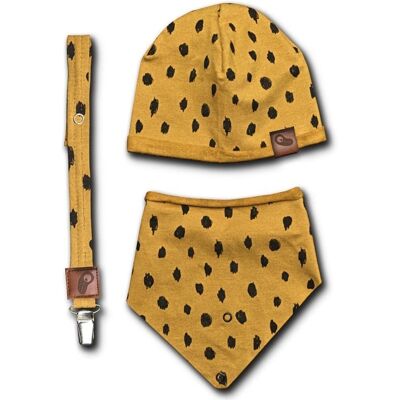 Hi Little One - czapeczka, bandanka i zawieszka do smoczka z organicznej bawełny GOTS Leopard Mustard Hi Little One - czapeczka, bandanka i zawieszka do smoczka z organicznej bawełny GOTS Leopard Mustard
