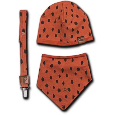 Hi Little One - czapeczka, bandanka i zawieszka do smoczka z organicznej bawełny GOTS Leopard Rust Hi Little One - czapeczka, bandanka i zawieszka do smoczka z organicznej bawełny GOTS Leopard Rust