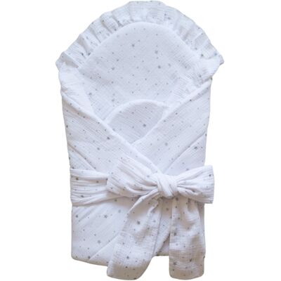 Like Moses Becik/ Rożek niemowlęcy muślinowy z wyjmowanym usztywnieniem 75x75 cm BIAŁY W SREBRNE GWIAZDKI Like Moses Becik/ Rożek niemowlęcy muślinowy z wyjmowanym usztywnieniem 75x75 cm BIAŁY W SREBRNE GWIAZDKI