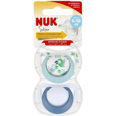 NUK Smoczek silikonowy 6-18m Star niebieski/biały op.2 szt. NUK Smoczek silikonowy 6-18m Star niebieski/biały op.2 szt.