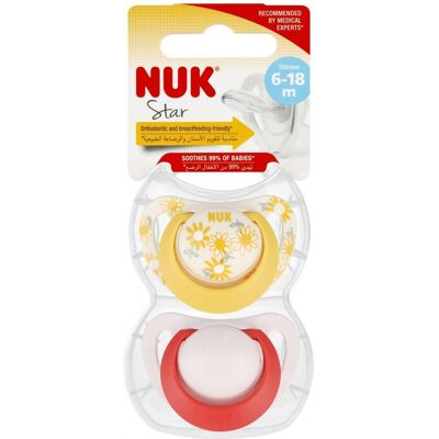 NUK Smoczek silikonowy 6-18m Star żółty/czerwony op.2 szt. NUK Smoczek silikonowy 6-18m Star żółty/czerwony op.2 szt.