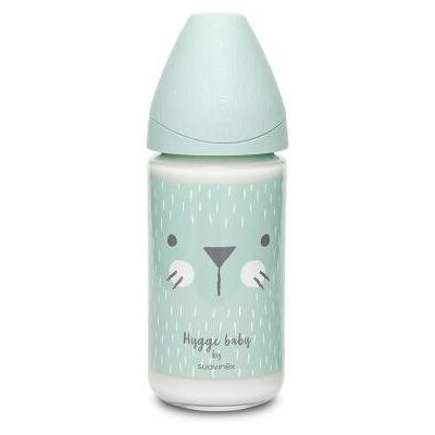 Suavinex, Hygge Baby, Butelka szklana z silikonowym smoczkiem, 3-przepływowa, Kotek, Miętowa Suavinex, Hygge Baby, Butelka szklana z silikonowym smoczkiem, 3-przepływowa, Kotek, Miętowa