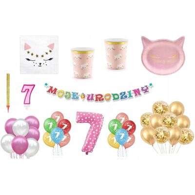 GODAN Zestaw Kotek 7 Urodziny Balony Talerzyki Kubeczki Baner świeczka fontanna GODAN Zestaw Kotek 7 Urodziny Balony Talerzyki Kubeczki Baner świeczka fontanna
