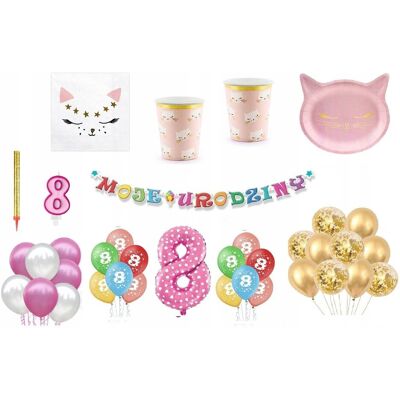 GODAN Zestaw Kotek 8 Urodziny Balony Talerzyki Kubeczki Baner świeczka fontanna GODAN Zestaw Kotek 8 Urodziny Balony Talerzyki Kubeczki Baner świeczka fontanna