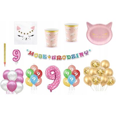 GODAN Zestaw Kotek 9 Urodziny Balony Talerzyki Kubeczki Baner świeczka fontanna GODAN Zestaw Kotek 9 Urodziny Balony Talerzyki Kubeczki Baner świeczka fontanna