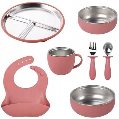 Koala Kay Zestaw metal silikon 6w1, śliniak, 2x miseczka, sztućce, kubek, bezpieczny Koala Kay Zestaw metal silikon 6w1, śliniak, 2x miseczka, sztućce, kubek, bezpieczny