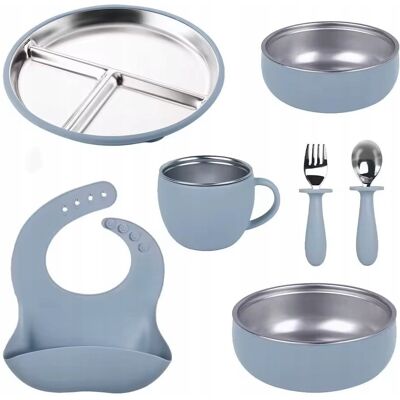 Koala Kay Zestaw metal silikon 6w1, śliniak, 2x miseczka, sztućce, kubek, bezpieczny Koala Kay Zestaw metal silikon 6w1, śliniak, 2x miseczka, sztućce, kubek, bezpieczny