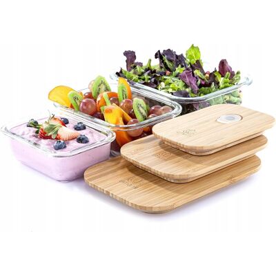 Inny producent Zestaw pojemników do posiłków ze szkła i bambusa Umami, 3 sztuki, 1050 ml Inny producent Zestaw pojemników do posiłków ze szkła i bambusa Umami, 3 sztuki, 1050 ml